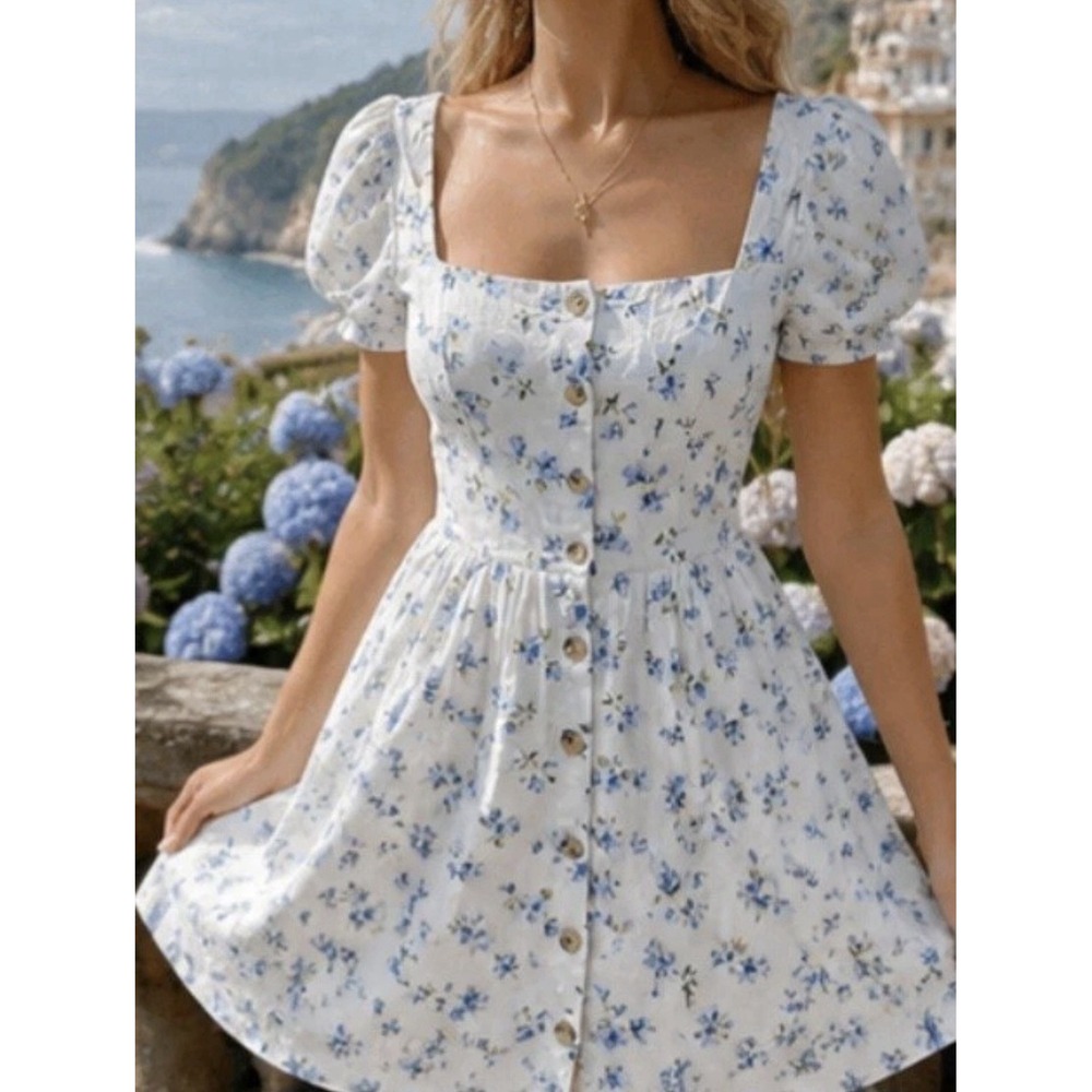 Old Navy Floral Linen Blend Puff Sleeve Mini Dress Womens S Cottagecore Coquette